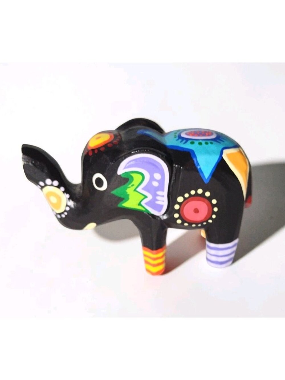 Handpainted Lightweight Wood Elephant Figurine Trunk Up Boho 3.25" Jungle Animal
